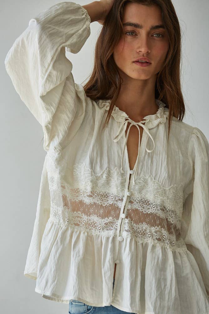 Woven Polyester Nylon Sheer Lace Detail Blouse