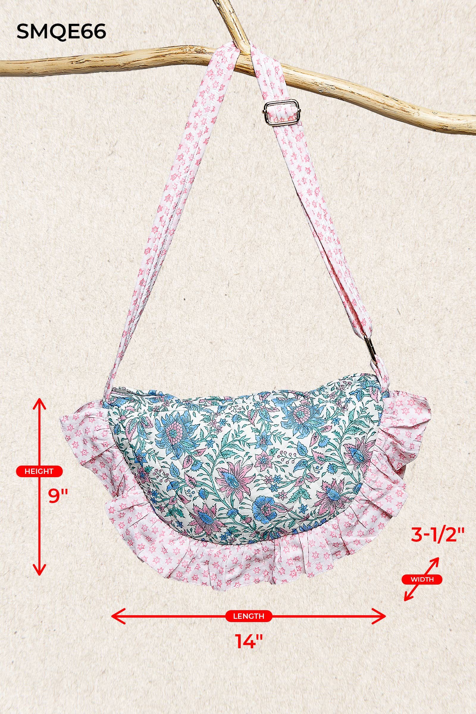 Half Moon Quilted Floral Ruffle Crossbody Bag