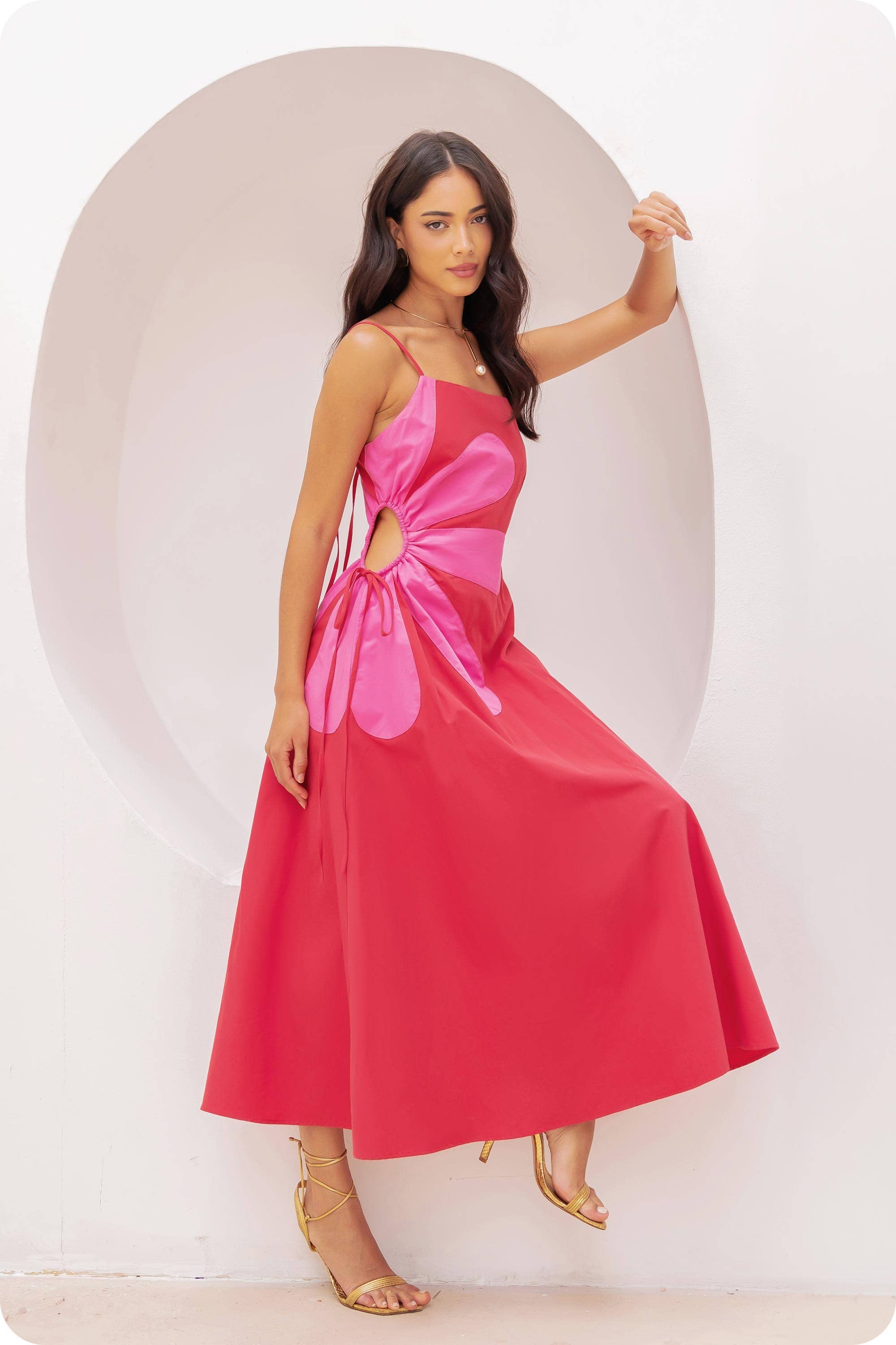 Sleeveless Side Cut-Out Flower Detail Midi Dress