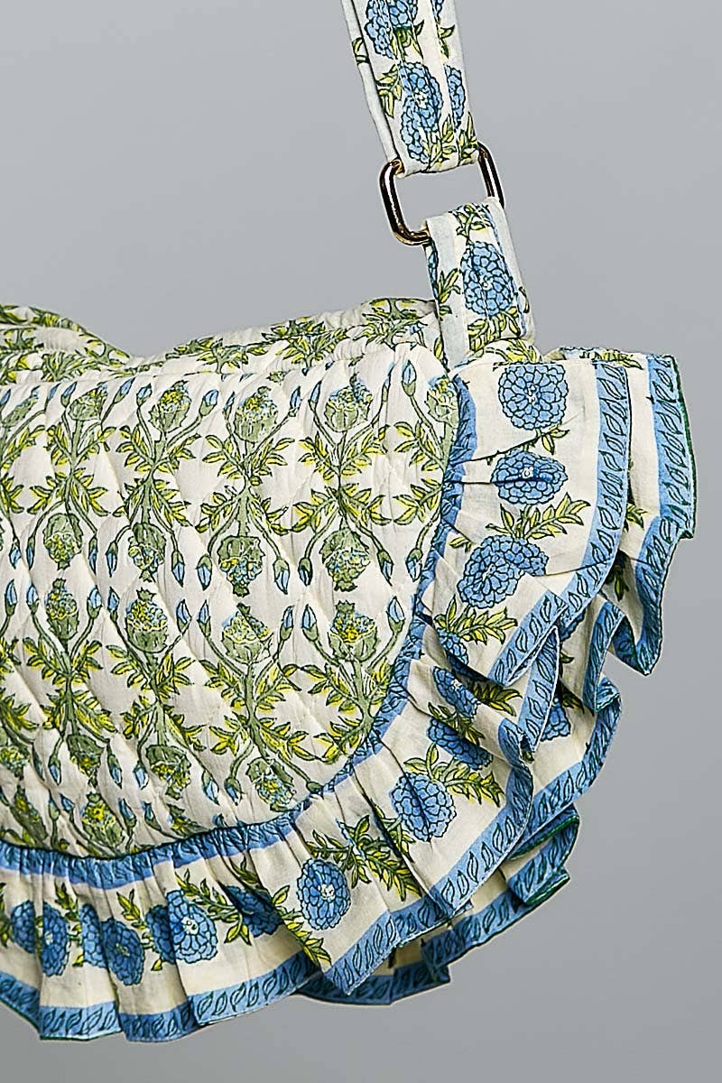Half Moon Quilted Floral Ruffle Crossbody Bag