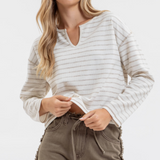 Stripe Split Neck Long Sleeve Marled Knit Top