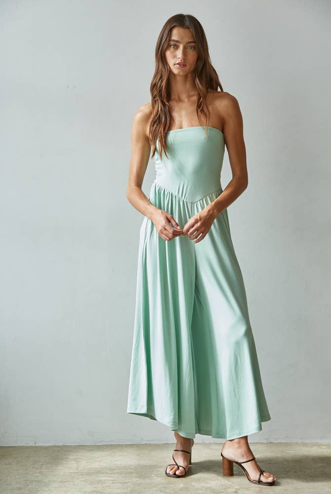 Knit Polyester Spandex Tube Strapless Flare Jumpsuit
