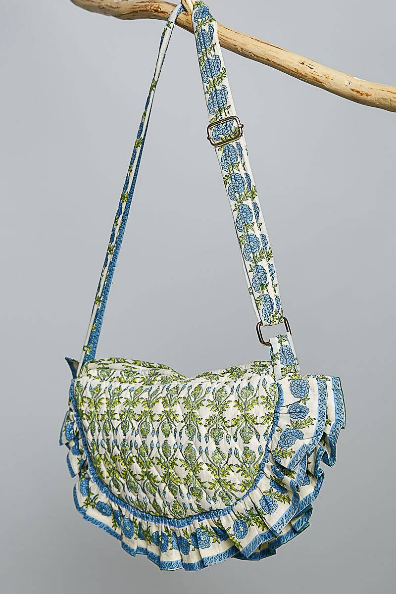 Half Moon Quilted Floral Ruffle Crossbody Bag