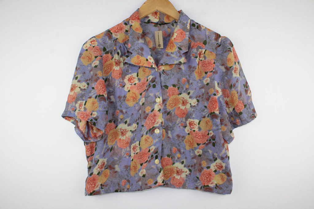 Reworked Vintage Short-Sleeve Button Up Blouse - Cropped