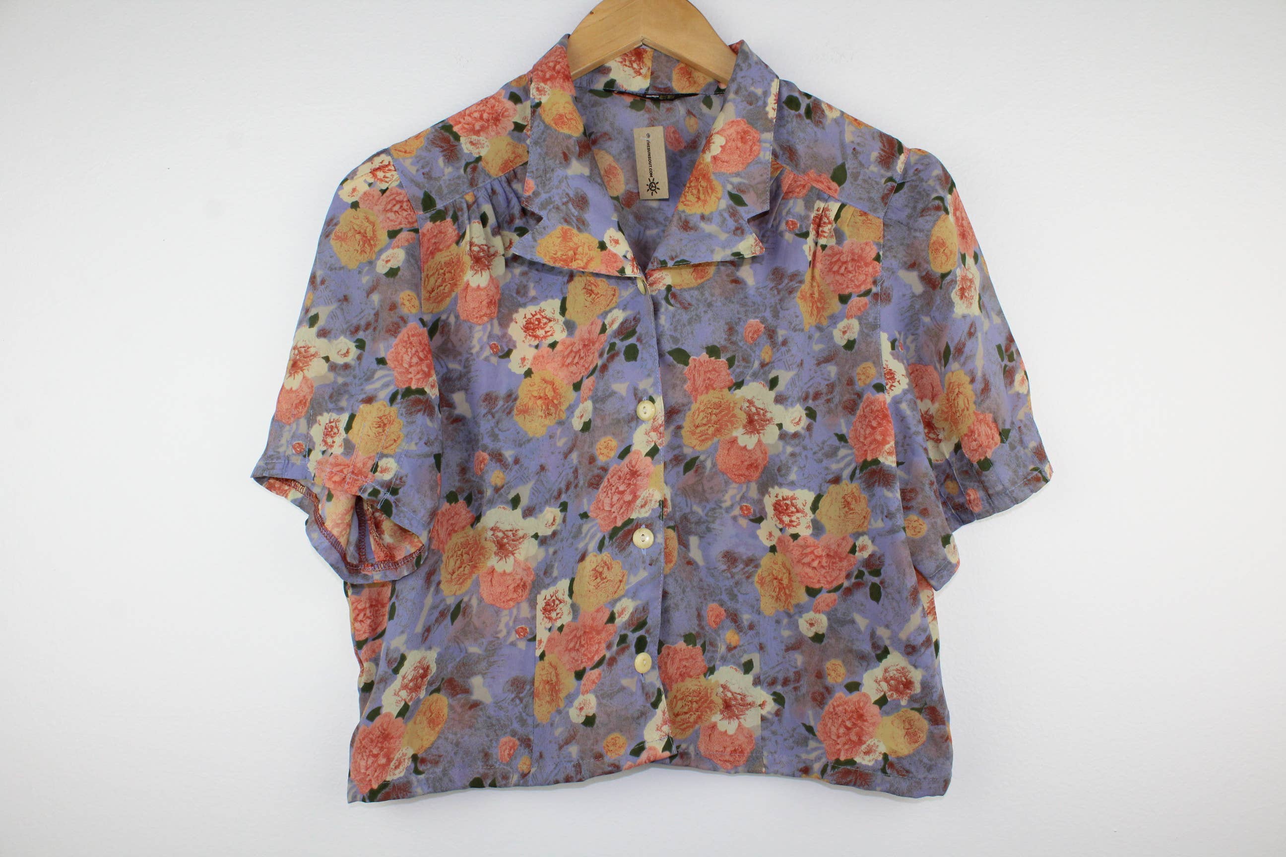 Reworked Vintage Short-Sleeve Button Up Blouse - Cropped