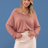 Dusty Rose Split Neck Long Sleeve Top