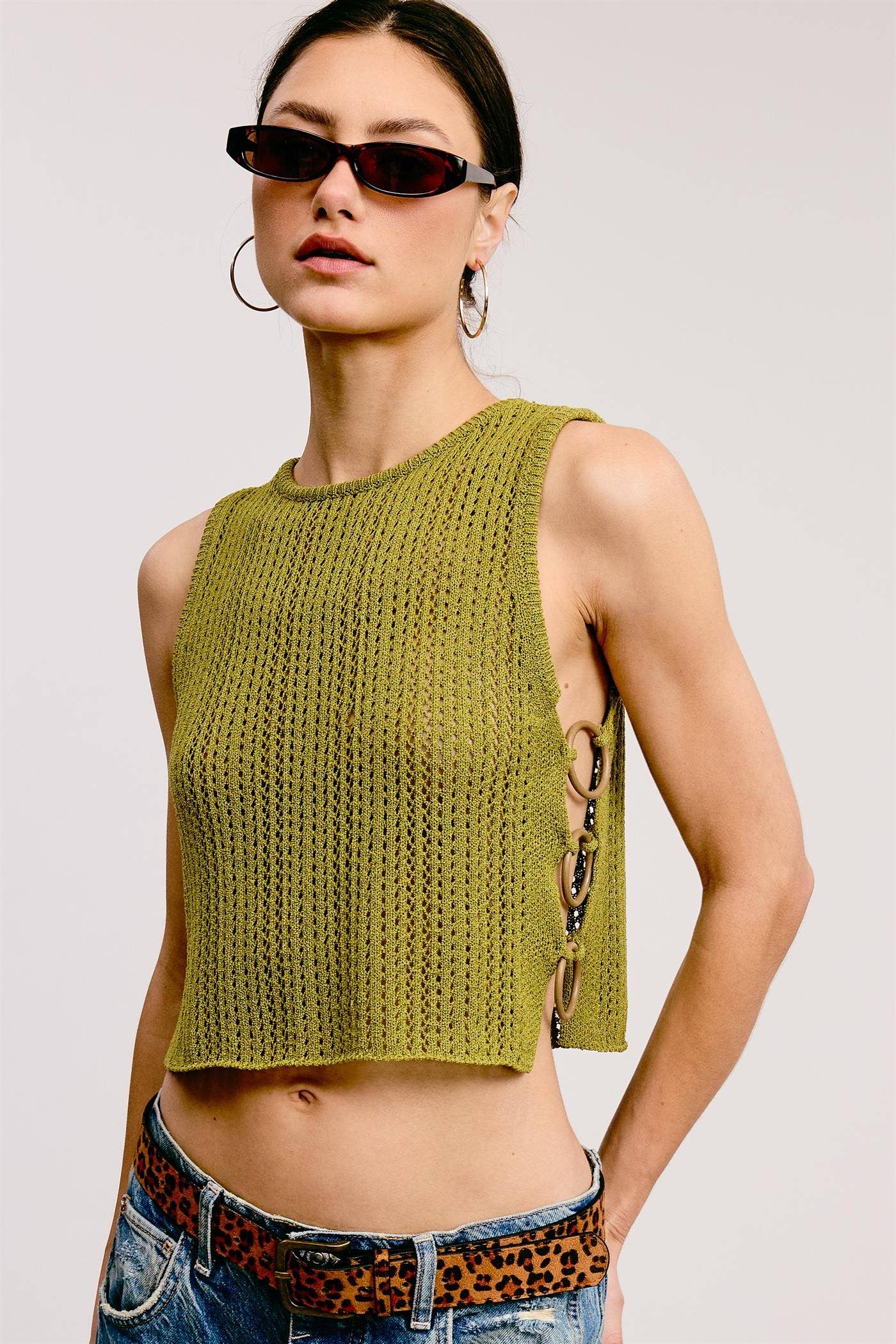 Crochet Knit Tank Top with Side O-Ring Detail