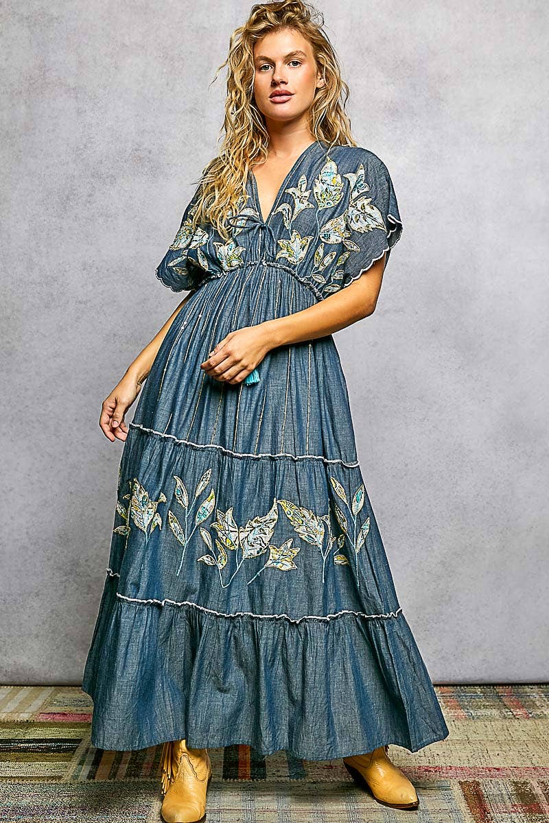 Embroidery Ruffle Neck Loop Cotton Denim V-neck Long Dress