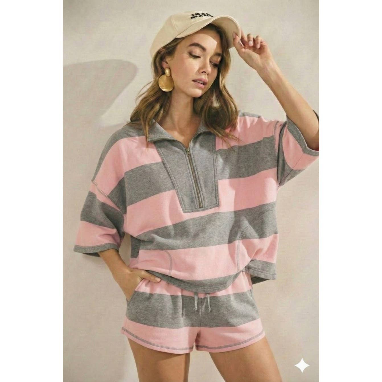Vintage Striped Top With Front Zip Shorts Set