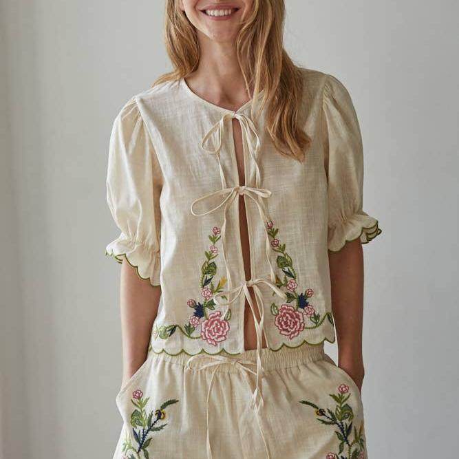 Woven Cotton Embroidered Open Front Tied Top