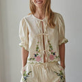 Woven Cotton Embroidered Open Front Tied Top