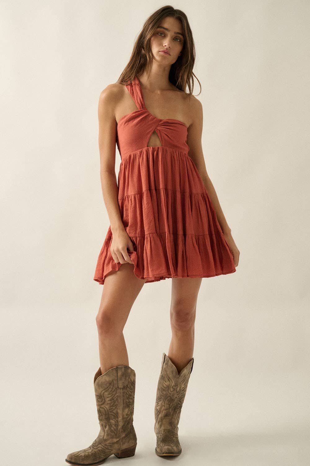 Jacquard Asymmetrical One-Shoulder Tiered Keyhole Mini Dress