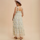 Back view of the floral maxi dress showing smocked panel and tie straps

