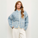 Blue Printed Floral Quilt Puffer Jacket