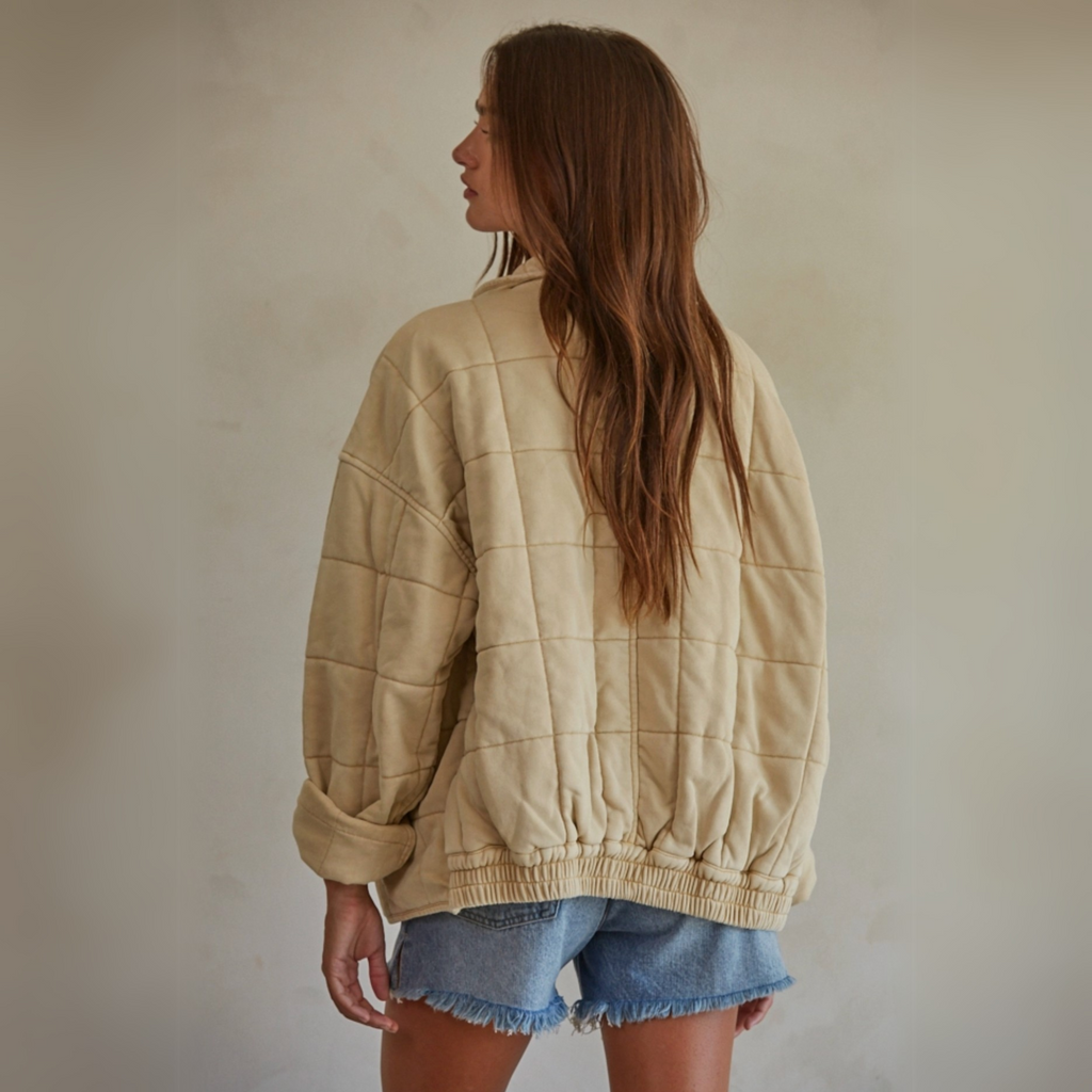 Back view of the All Good Washed Jacket showing its relaxed fit and gathered hem detail.