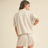 Back view of relaxed linen shirt and matching shorts


