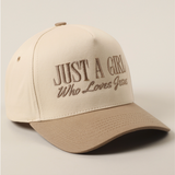 Angled front view of "Just A Girl Who Loves Jesus" faith-based cap.