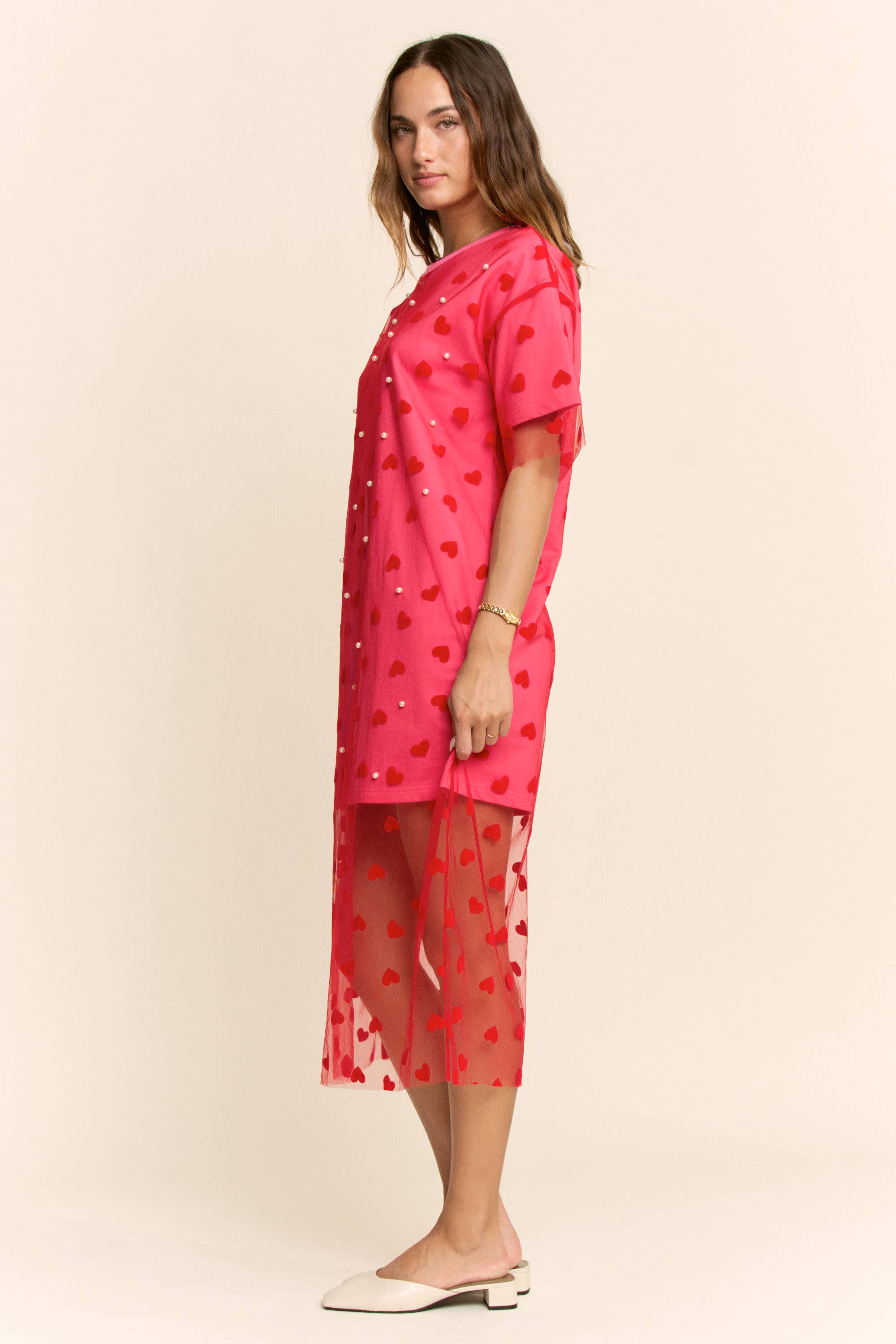 HEART MESH LAYERED T SHIRT DRESS