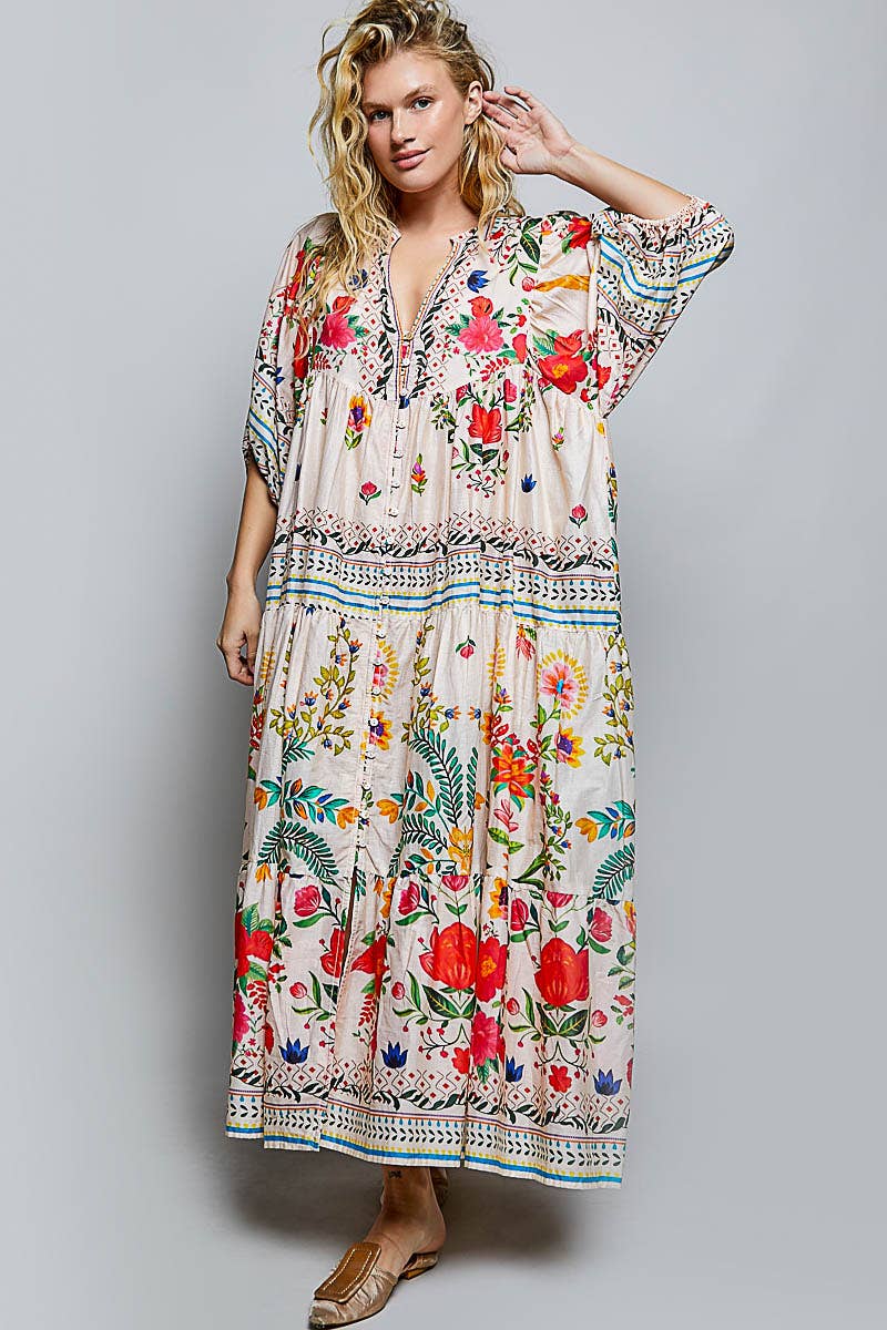 Boho Deep V-Neck Floral Balloon Sleeve Long Dress