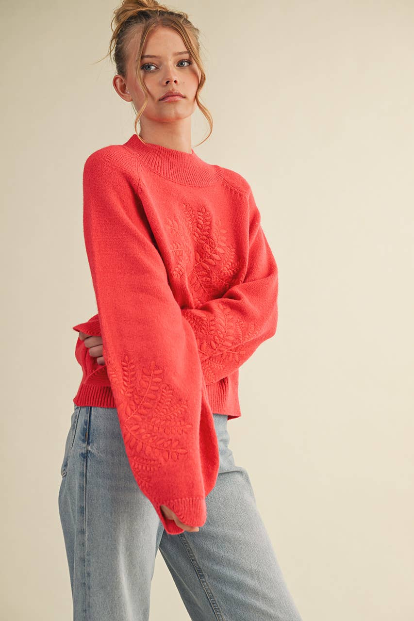 Mock Neck  Snowflake Embroidered Sweater