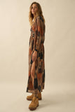 Abstract-Print Velvet-Trimmed V-Neck Maxi Dress