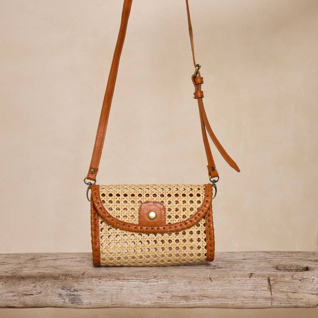 Brown Rattan Clutch with Leather Trim and Crossbody Strap