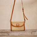 Brown Rattan Clutch with Leather Trim and Crossbody Strap