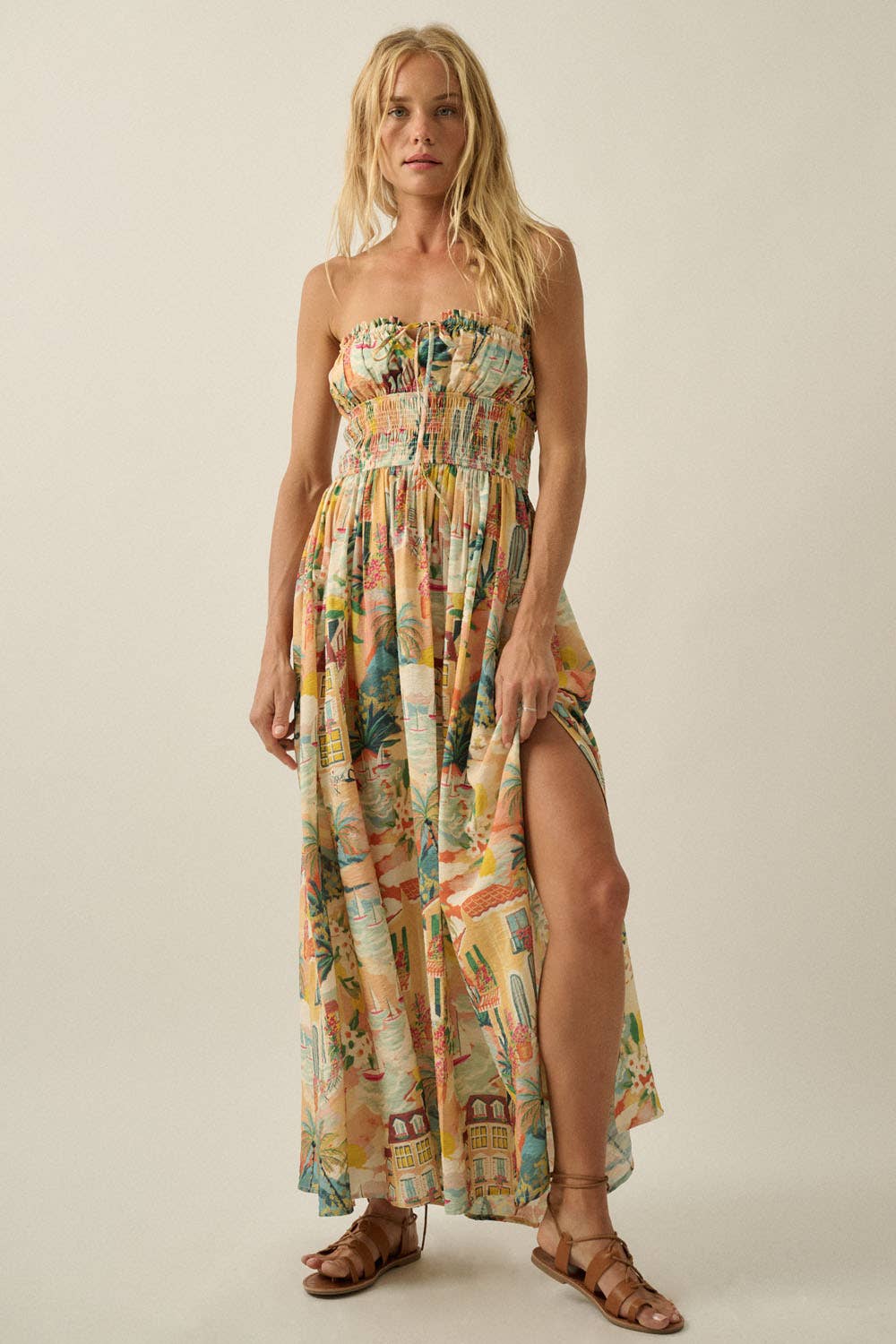 Tropical Landscape-Print Strapless Gathered Maxi Dress