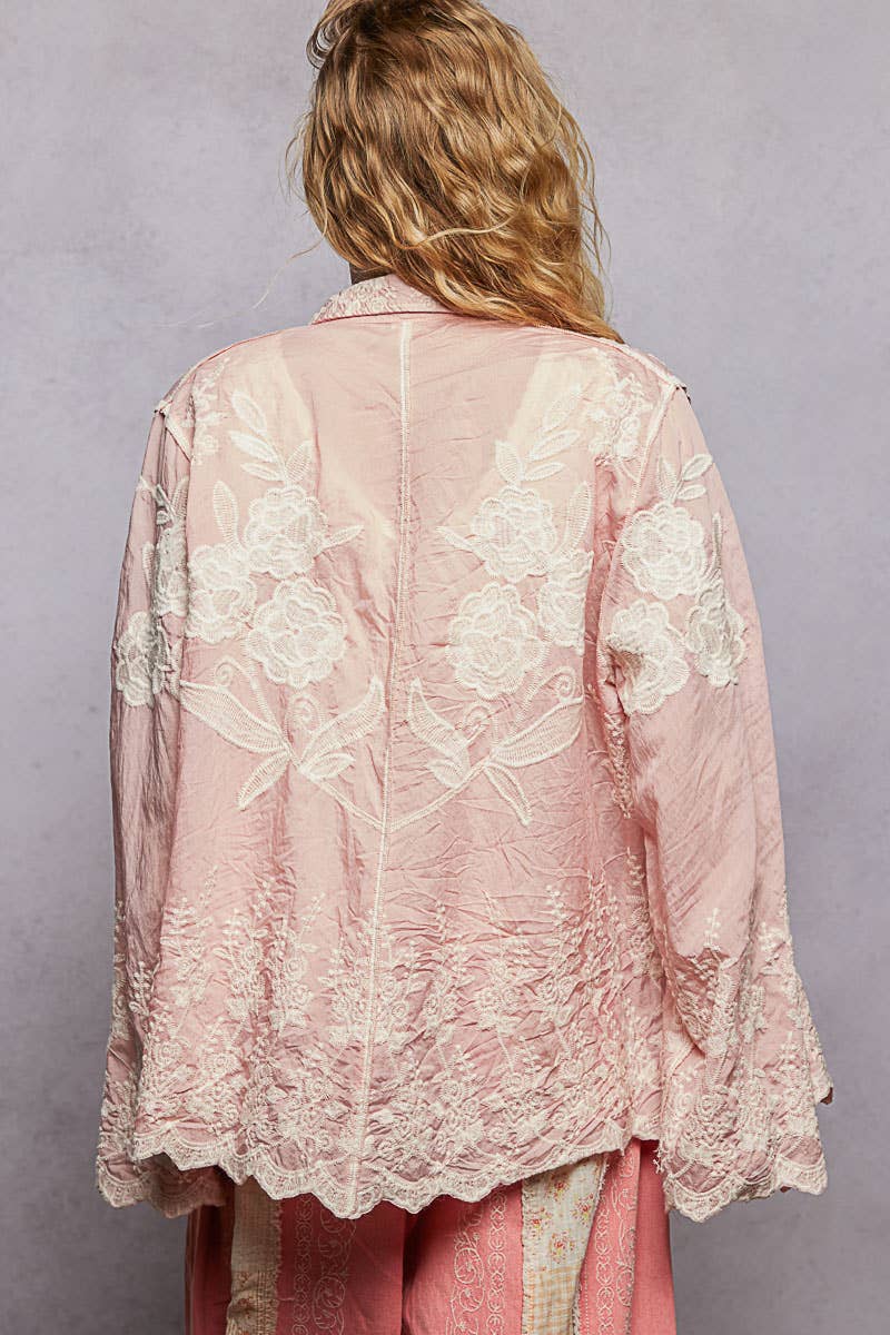 Long Sleeve Embroidered Scalloped Edge Shirt Top