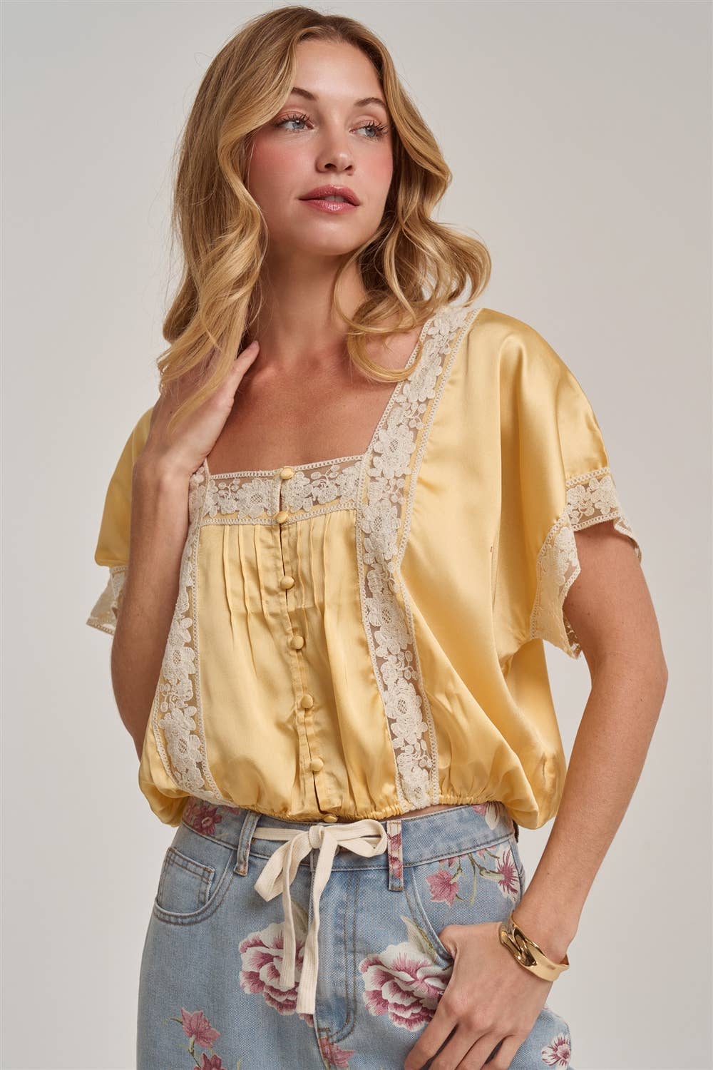 LACE TRIM SQUARE NECK SATIN BLOUSE TOP