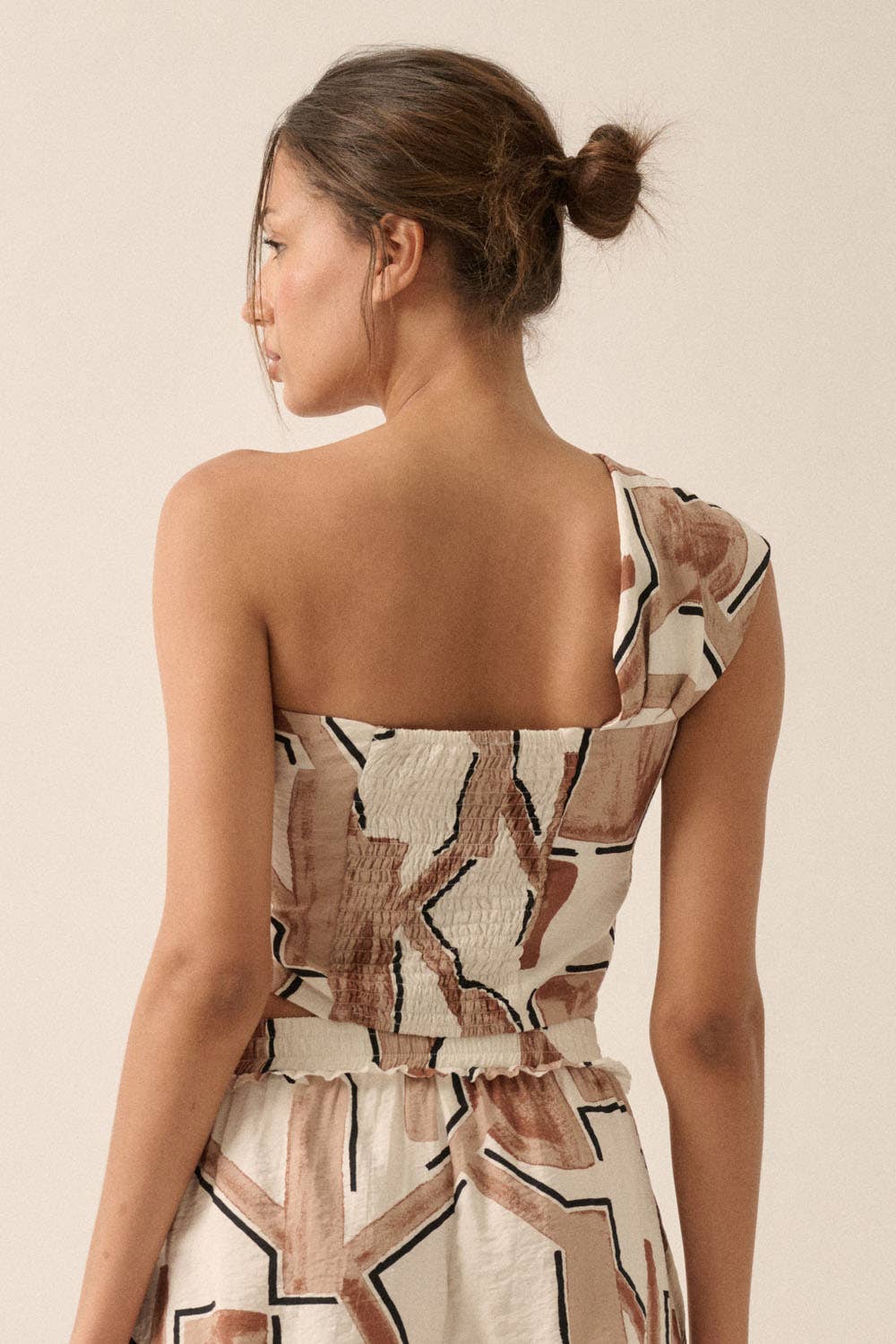 Abstract-Print One-Shoulder Bandeau Top