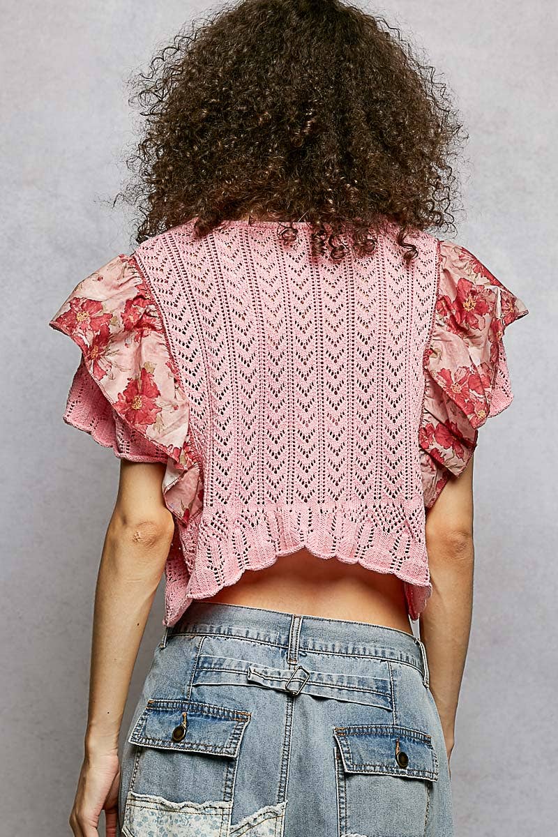 Round Neck Ruffle Embroidered Acrylic Thin Sweater Top