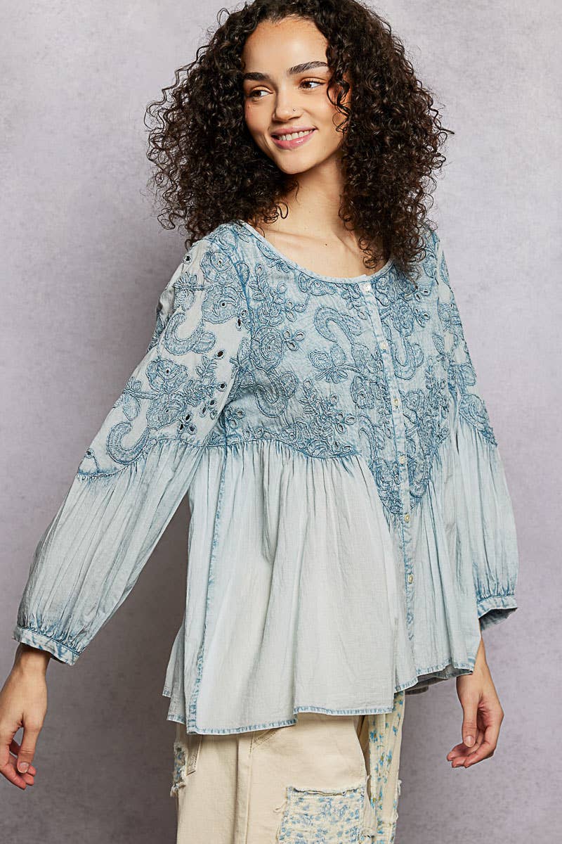 3/4 Sleeve Round Neck Vintage Washing Embroidered Shirt Top