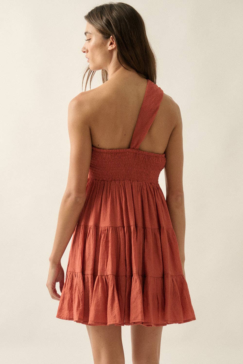 Jacquard Asymmetrical One-Shoulder Tiered Keyhole Mini Dress