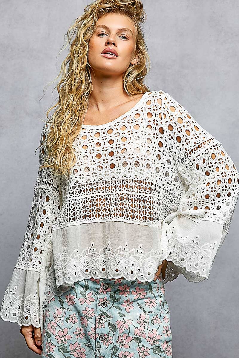 Long Sleeve Round Neck Women Crochet Top