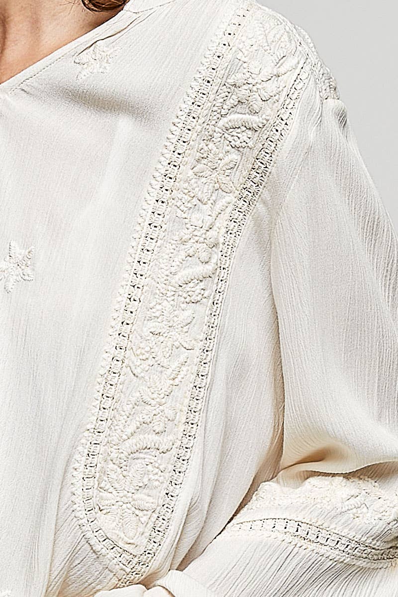 Vanessa V-neck Long Sleeve Floral Embroidered Cotton Woven Top
