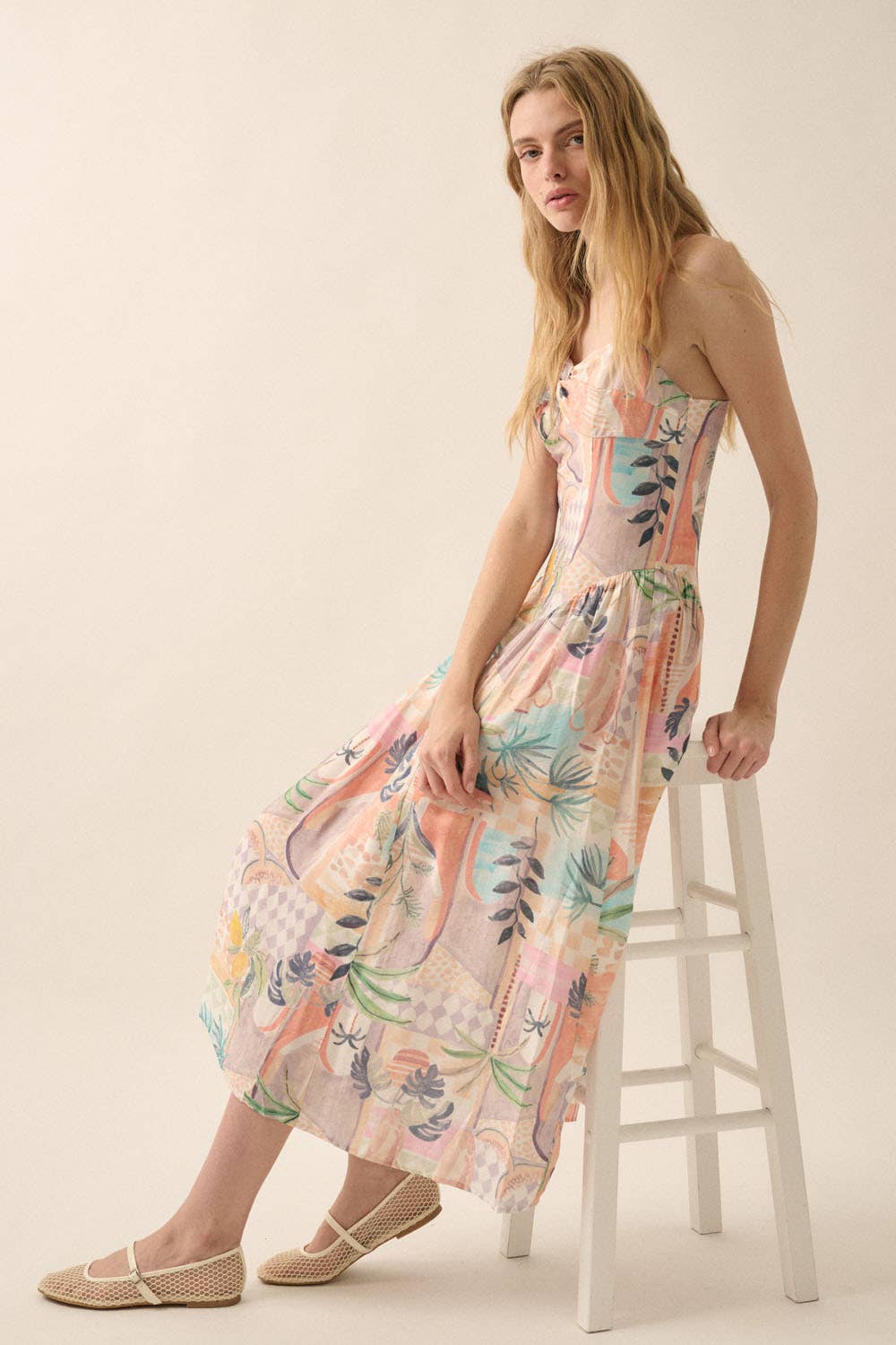 Tropical Motif-Print Twist-Front Cami Midi Dress