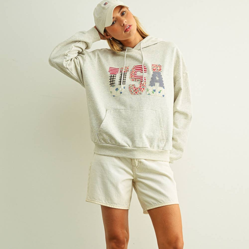 USA FLORAL PATCHWORK SWEATSHIRTS WITH HOODIE