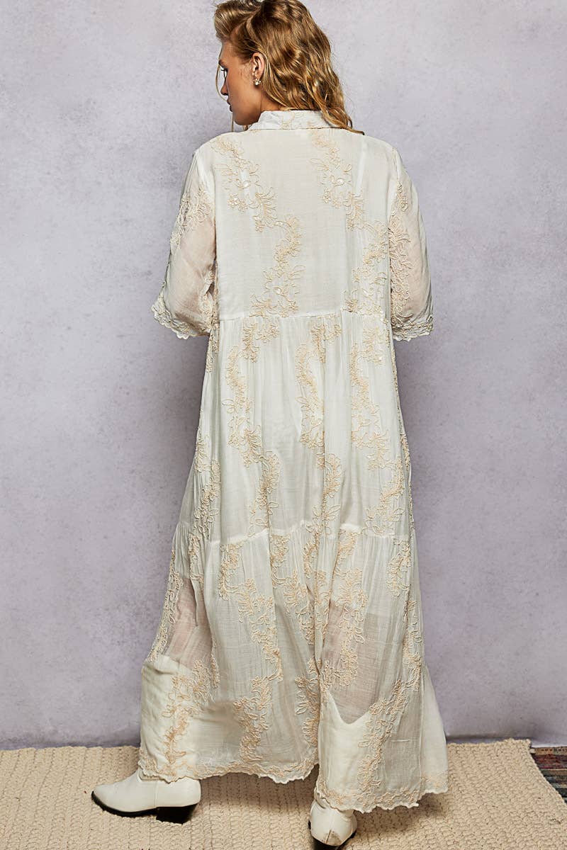 Bridget Embroidered Shirred Ruffle Button-Down Shirt Dress