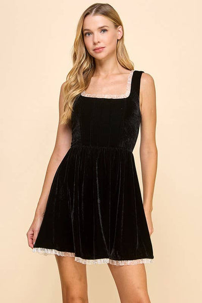 Square Neckline Velvet Lace Trim Dress