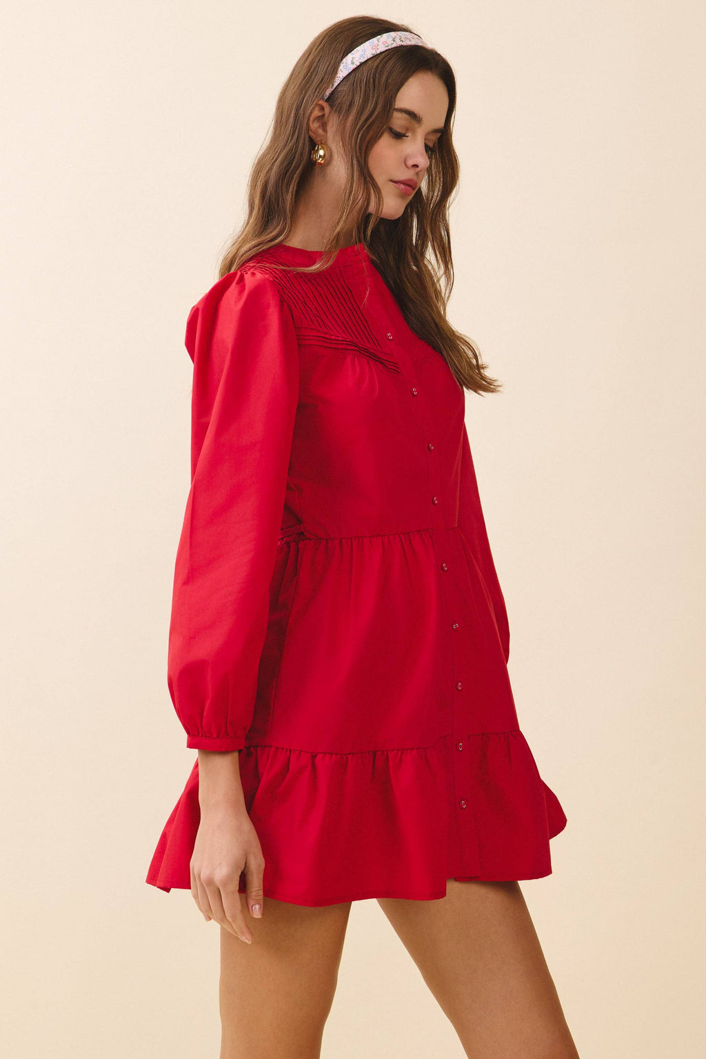 Pintuck Yoke Detail Button Mini Dress