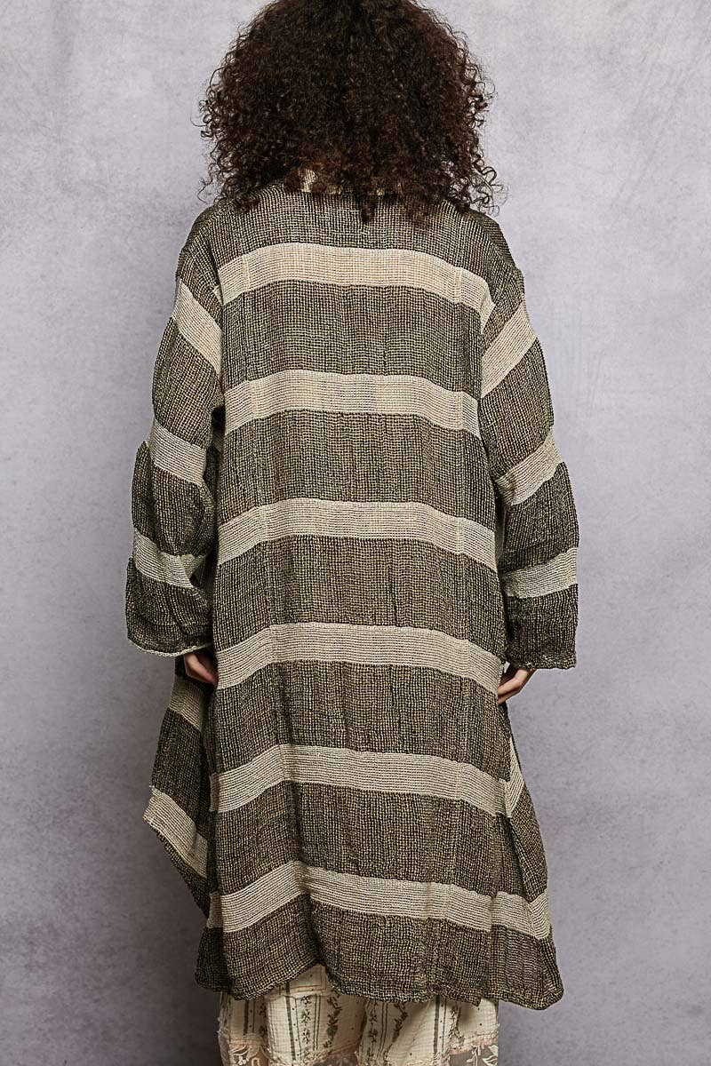 3/4 Sleeve Stripe Linen Open Cardigan