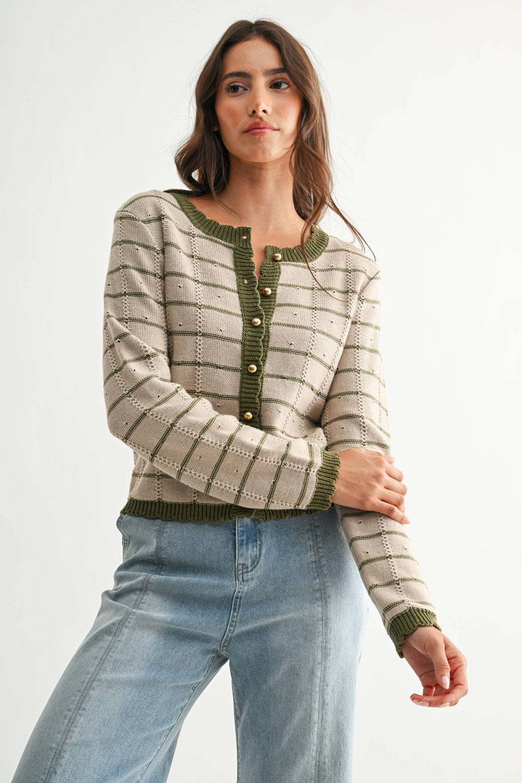 Olive Trim Button-Up Cardigan