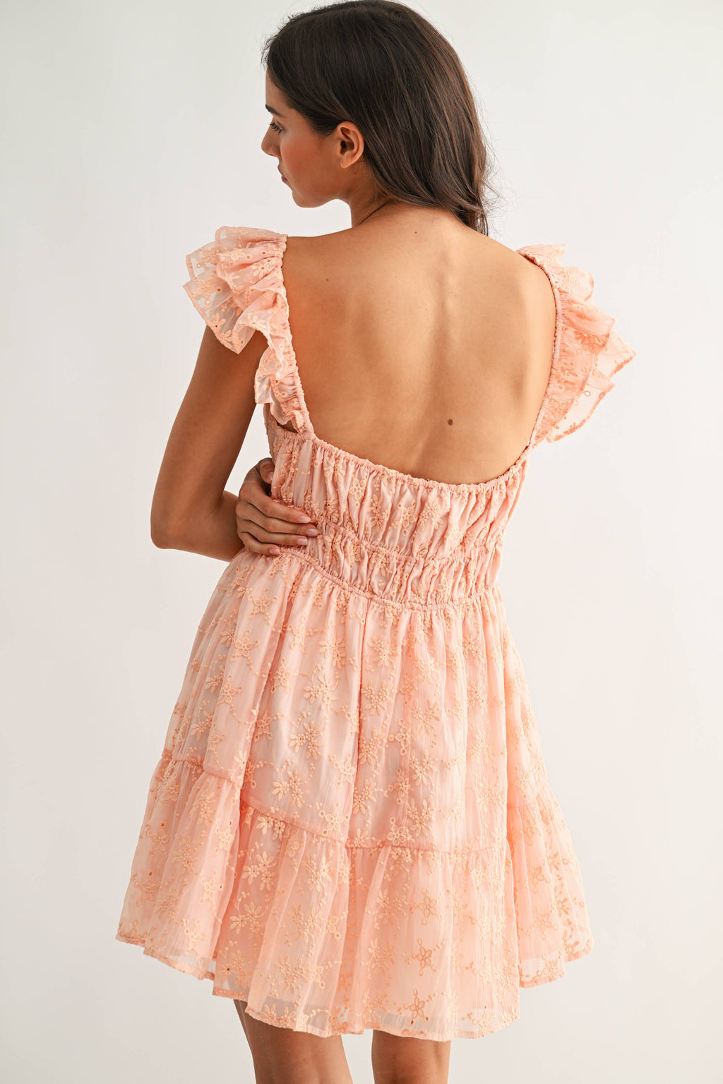 Chiffon Flutter Embroidered Sleeve Mini Dress