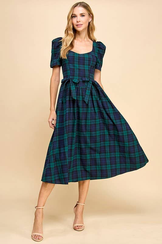 Sweet Heart Plaid Midi Dress with Bows