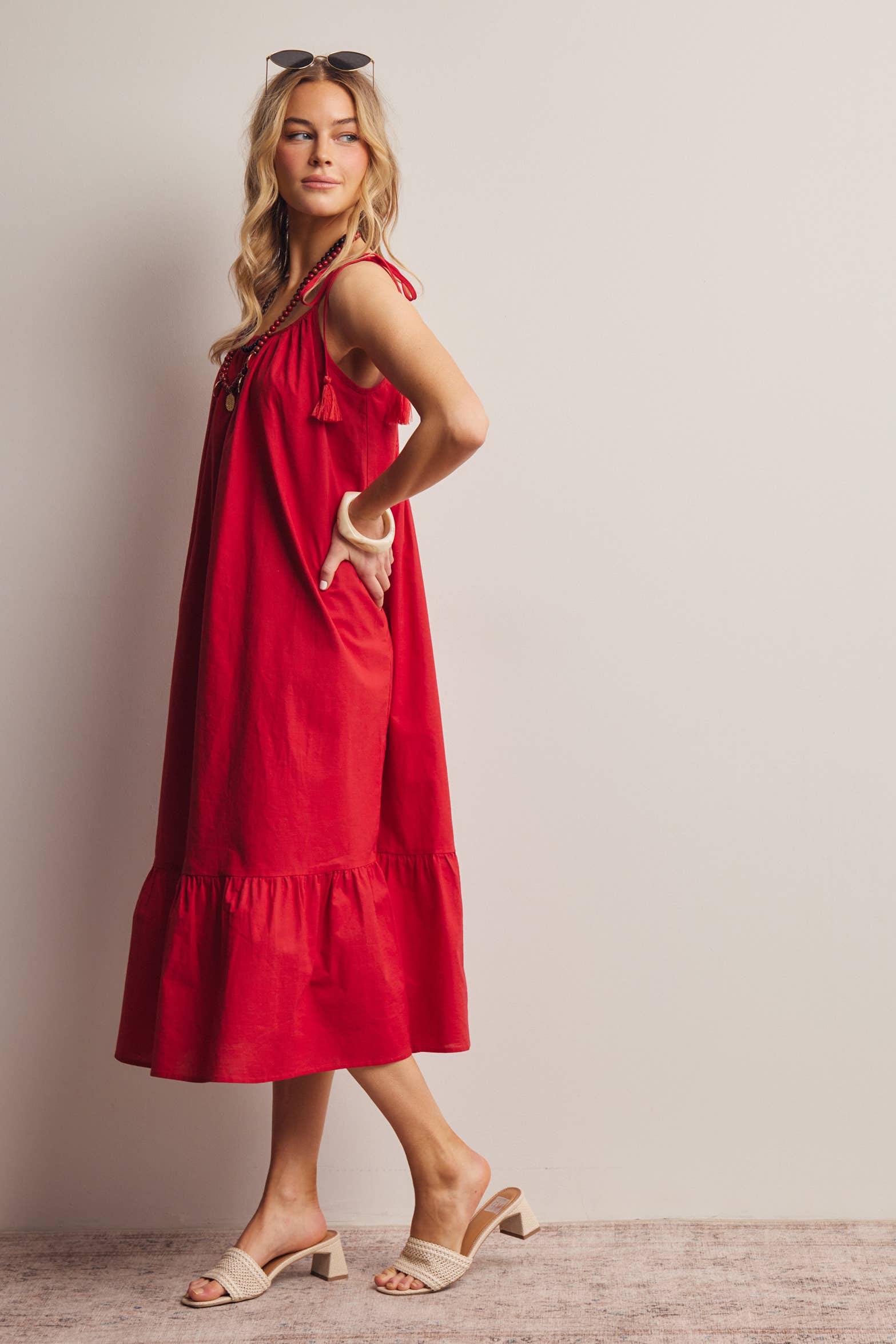 Red Tassel Strap Open-Back Midi Dress