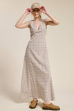 V-neck Sleeveless Plaid Maxi Dress with Back Tie