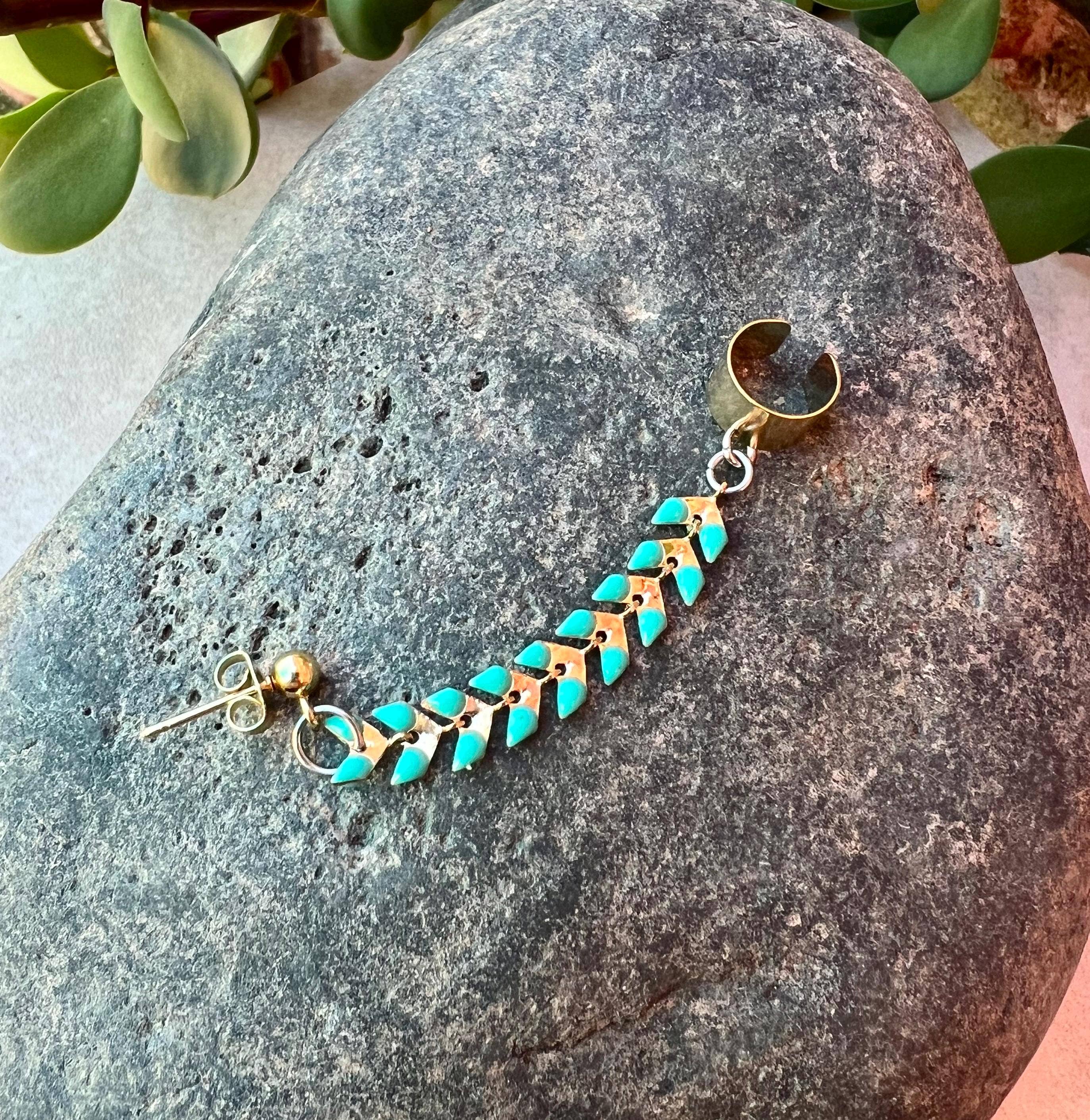 Gold Turquoise Blue Chain Ear Cuff