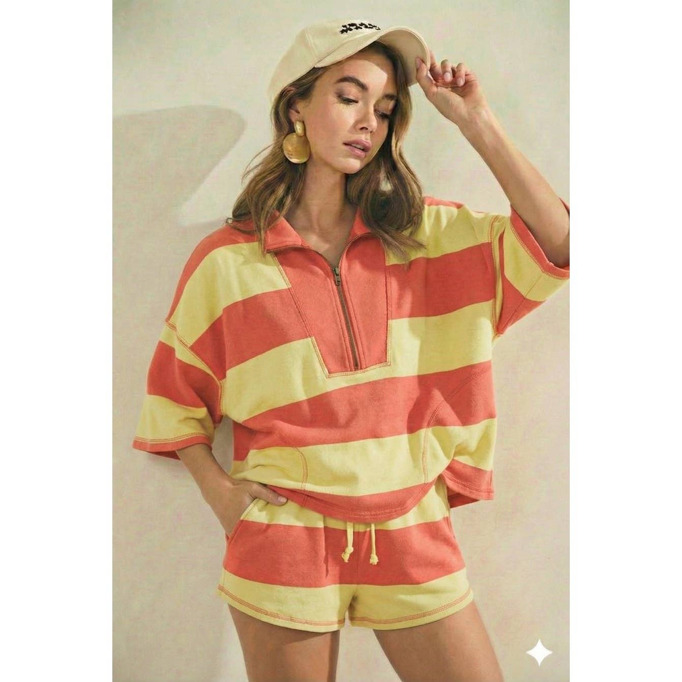 Vintage Striped Top With Front Zip Shorts Set