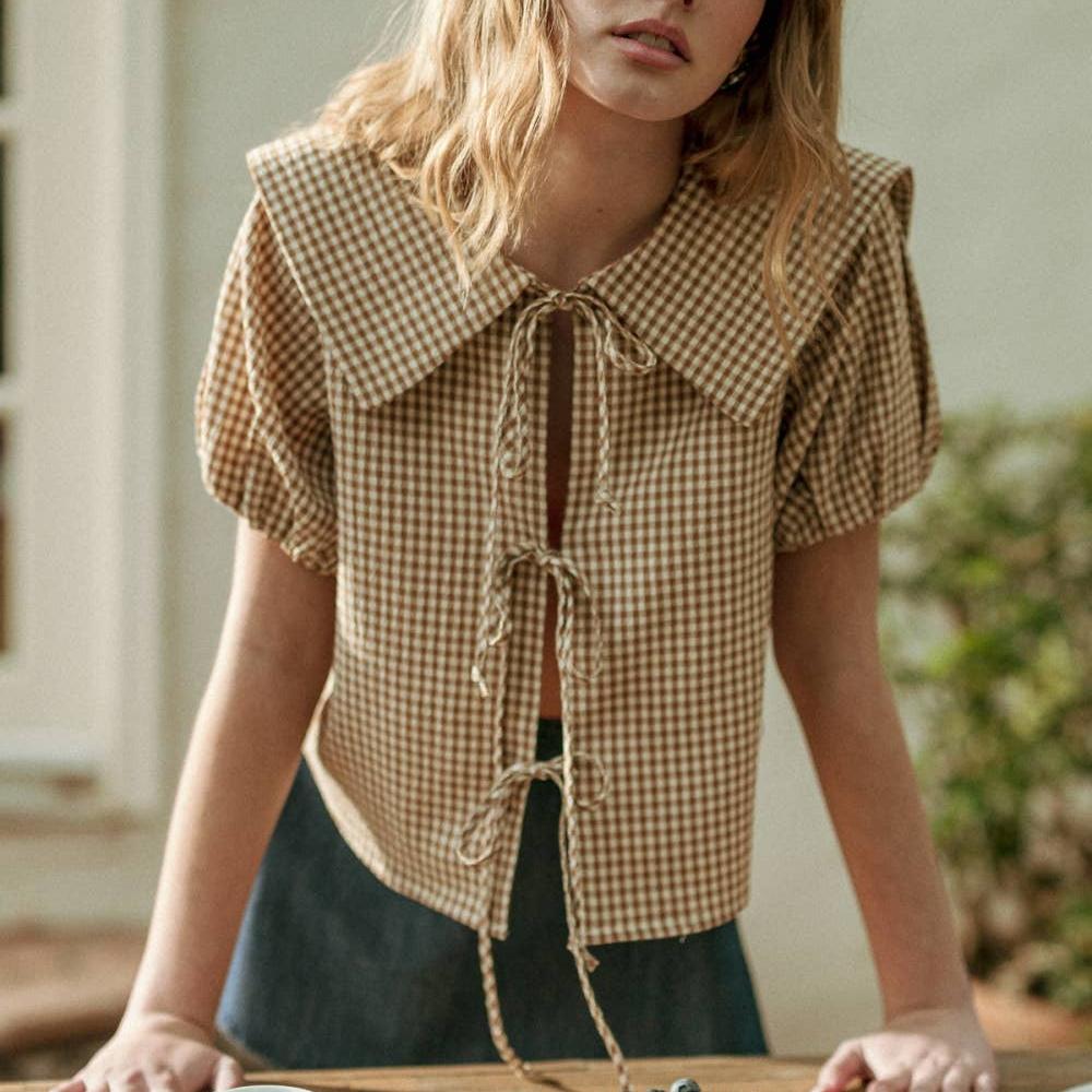 GINGHAM PATTERN SSLV WITH TIE IN FRONT TOP